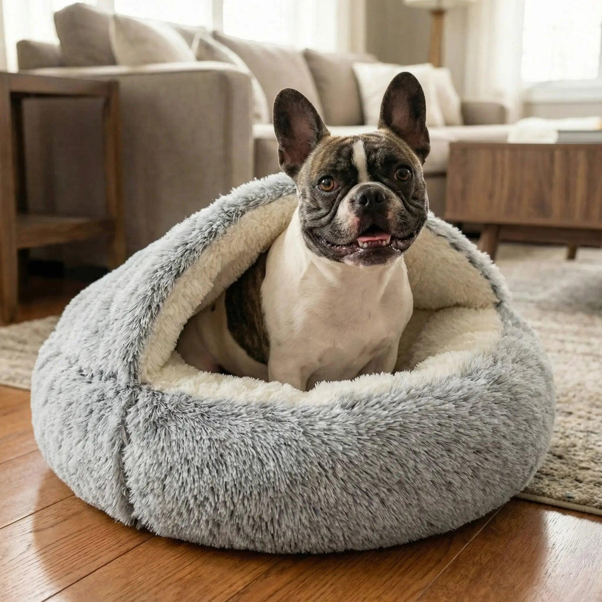French bulldog resting in the khaki gray Noblias calming hooded cave pet bed in a living room.