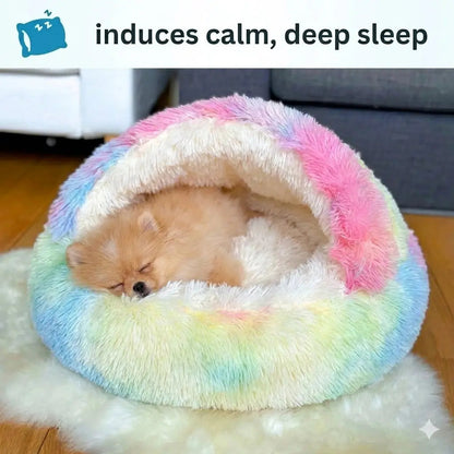 Pomeranian curled up asleep inside the rainbow Noblias calming hooded cave pet bed.