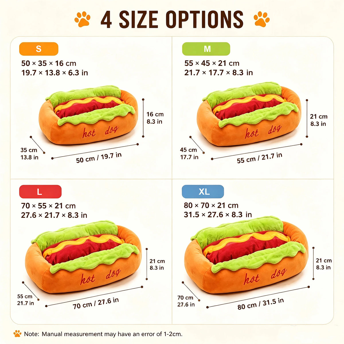 Size chart for the Noblias hot dog shaped pet bed with four options, S 50 x 35 x 16 cm, M 55 x 45 x 21 cm, L 70 x 55 x 21 cm and XL 80 x 70 x 21 cm, each measurement also given in inches.