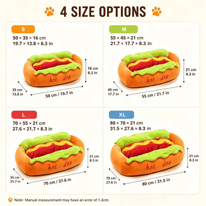 Size chart for the Noblias hot dog shaped pet bed with four options, S 50 x 35 x 16 cm, M 55 x 45 x 21 cm, L 70 x 55 x 21 cm and XL 80 x 70 x 21 cm, each measurement also given in inches.