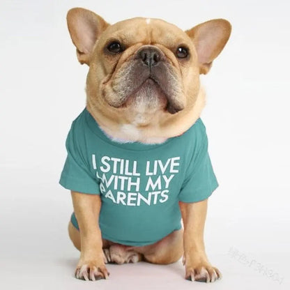 French Bulldog sitting in the lake blue I Still Live With My Parents dog shirt with white slogan print