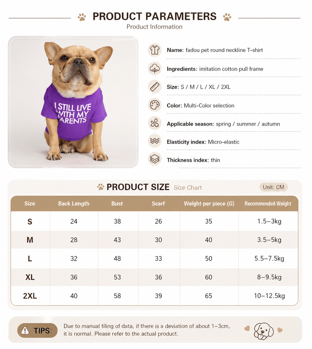 Size chart for the I Still Live With My Parents dog shirt from S to 2XL with back length, chest, neck and recommended weight, plus fabric and season details