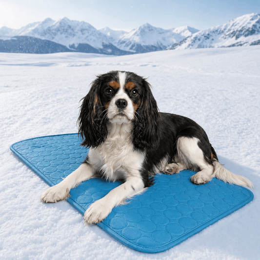 Cavalier spaniel lying on the blue ice silk cooling mat on a snowfield.