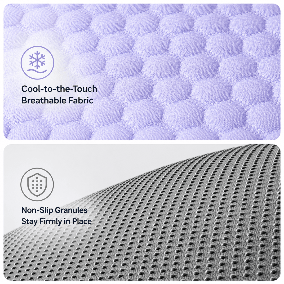 Close-ups of the honeycomb cool-to-the-touch fabric and the non-slip granules on the underside of the mat.