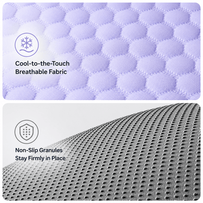 Close-ups of the honeycomb cool-to-the-touch fabric and the non-slip granules on the underside of the mat.