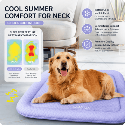 Golden retriever on the gradient blue mat, with a sleep temperature heat map comparison and callouts for instant cool ice silk fabric, comfortable neck support and machine washable quality.