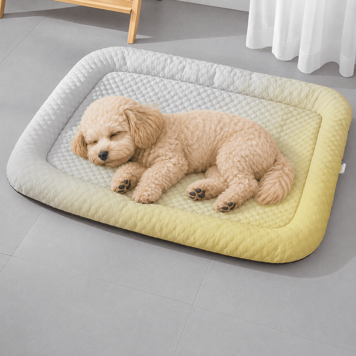 Toy poodle curled up on the gradient yellow ice silk cooling mat.
