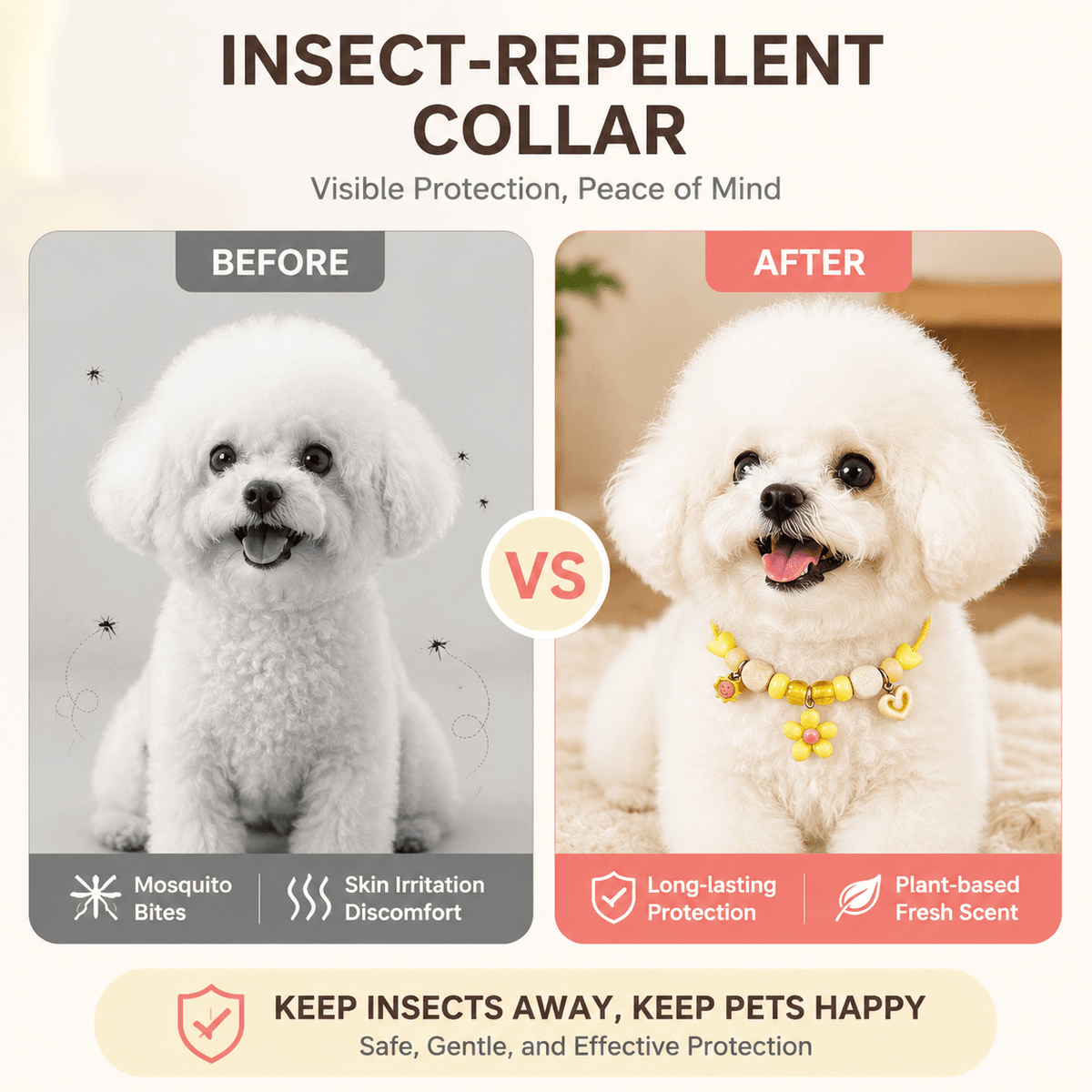 Before and after panels showing a dog troubled by mosquito bites and skin irritation, then the same dog wearing the yellow collar with long lasting plant based protection.