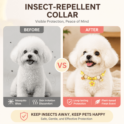 Before and after panels showing a dog troubled by mosquito bites and skin irritation, then the same dog wearing the yellow collar with long lasting plant based protection.