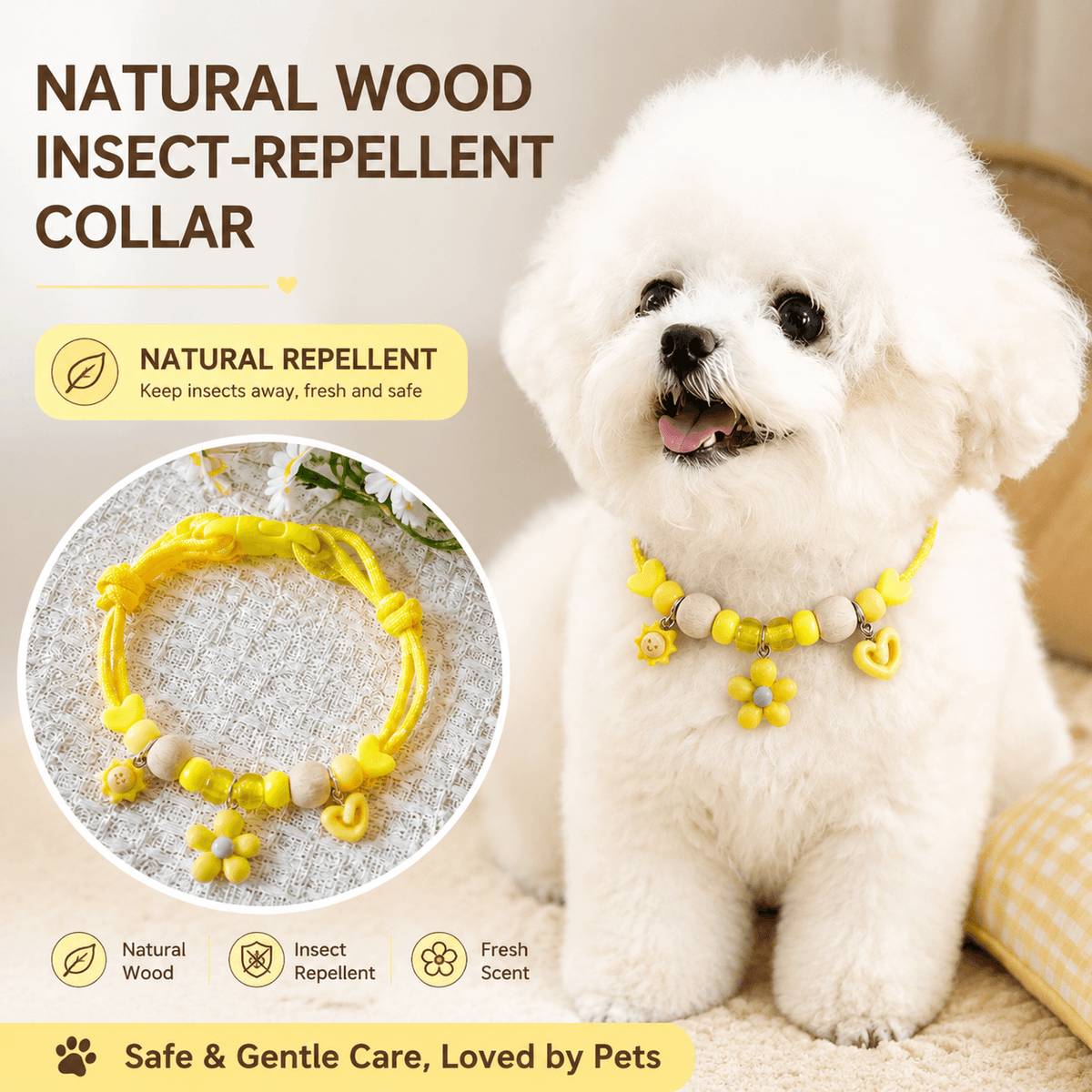 White Bichon wearing the yellow insect repellent collar, labeled natural wood, insect repellent and fresh scent.