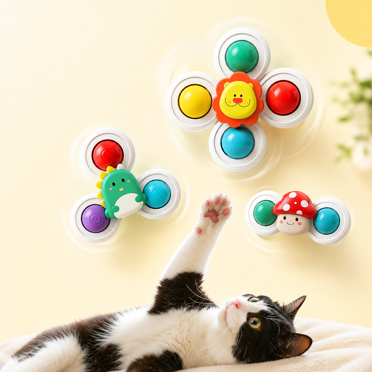 Noblias interactive suction cup cat window spinner toy with rotating insects for feline enrichment and entertainment on glass surfaces.
