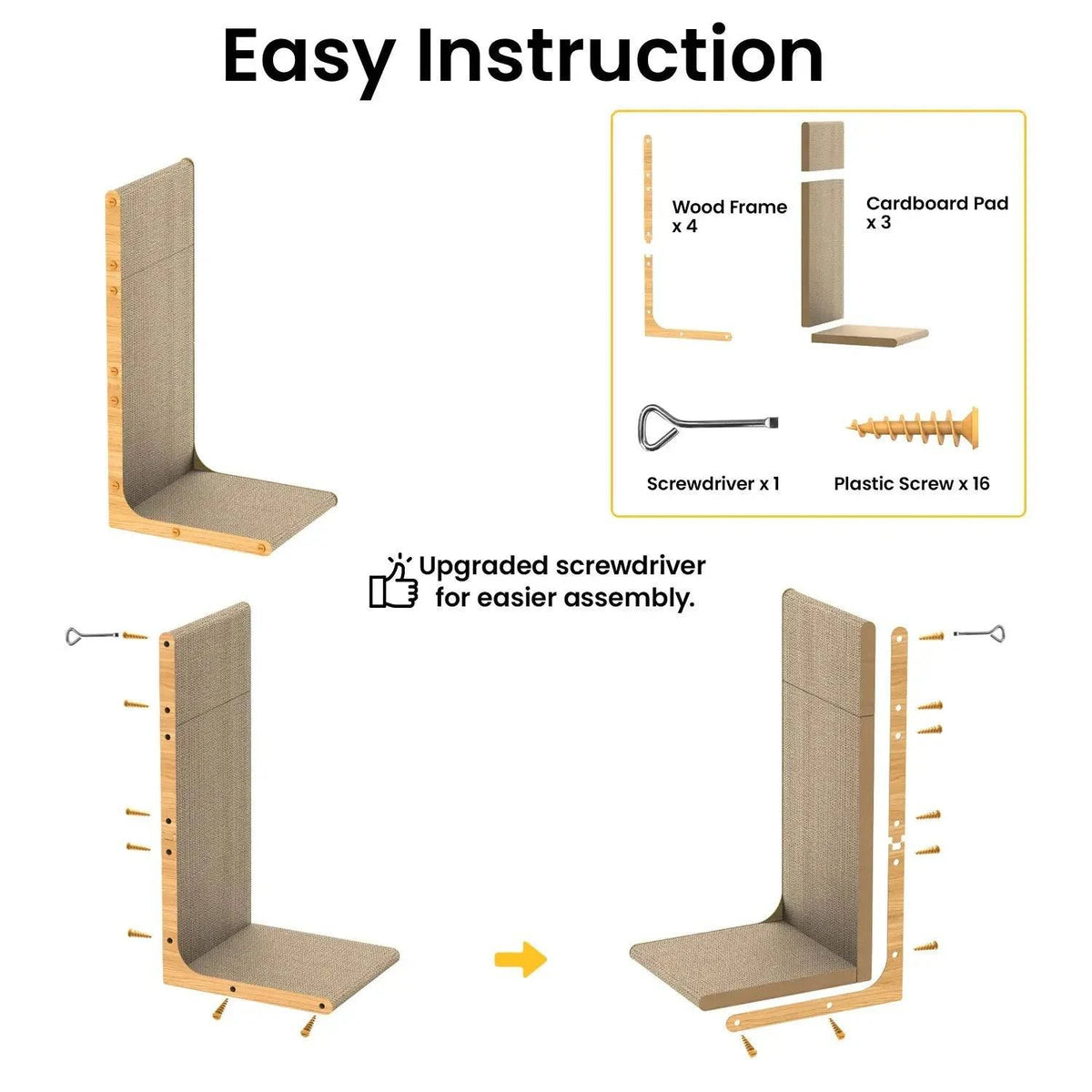 Assembly diagram for the Noblias L shaped sisal cat scratcher showing four wood frame pieces, three pads, sixteen screws and a screwdriver.