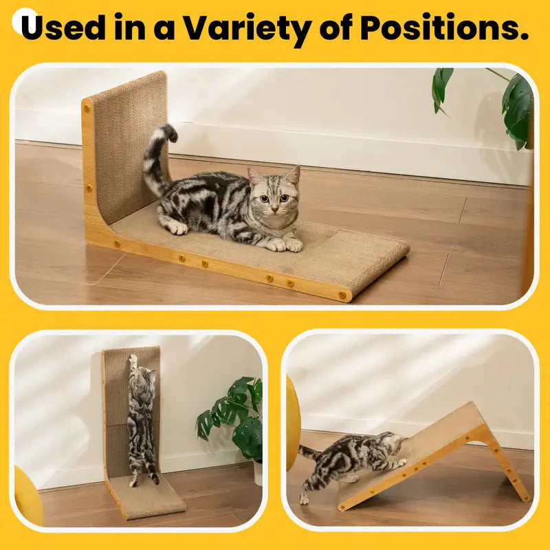 The Noblias L shaped sisal cat scratcher used upright, laid flat and tilted, with a cat resting on the base.