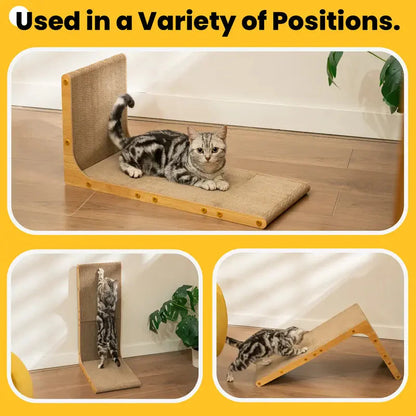 The Noblias L shaped sisal cat scratcher used upright, laid flat and tilted, with a cat resting on the base.