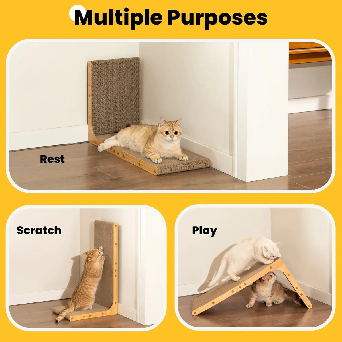 Cats resting, scratching and playing on the Noblias L shaped sisal cat scratcher in three positions.