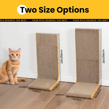 Size chart for the Noblias L shaped sisal cat scratcher showing the 23 inch and 26 inch heights on a 10 inch base.