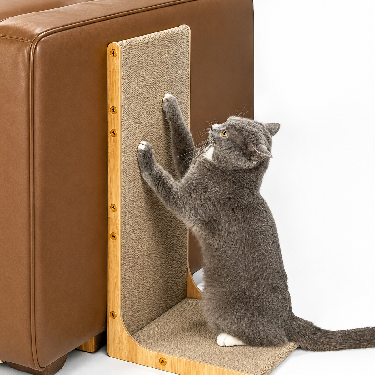 Gray cat stretching up to scratch the Noblias L shaped sisal cat scratcher beside a leather sofa.
