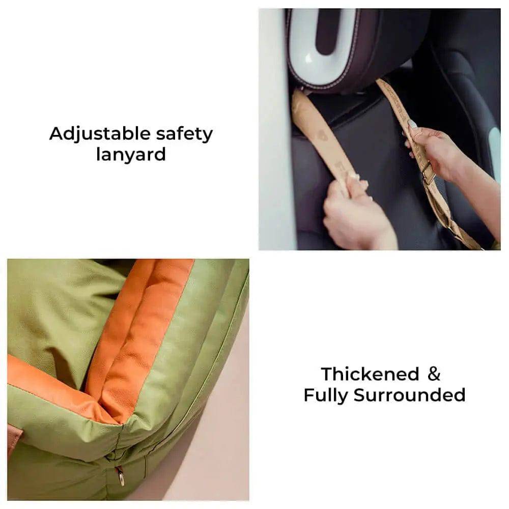 The adjustable safety lanyard looping over a headrest and the thickened fully surrounding walls of the Noblias large dog car seat bed.