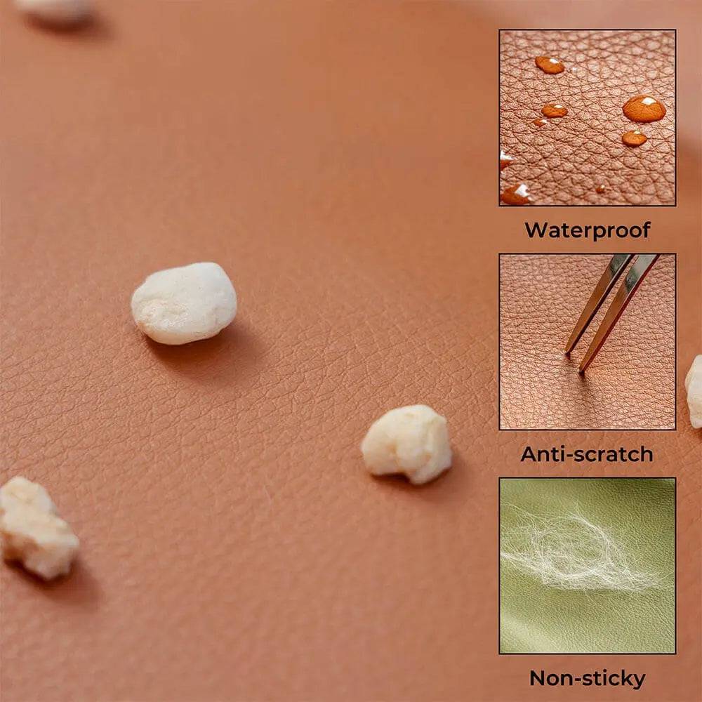 Material panel for the Noblias large dog car seat bed showing water beading off the surface, anti-scratch resistance and non-sticky hair release.