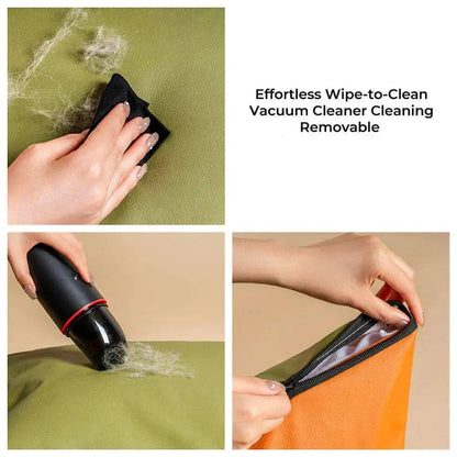 The Noblias large dog car seat bed being wiped with a cloth, vacuumed, and its inner lining unzipped for removal.