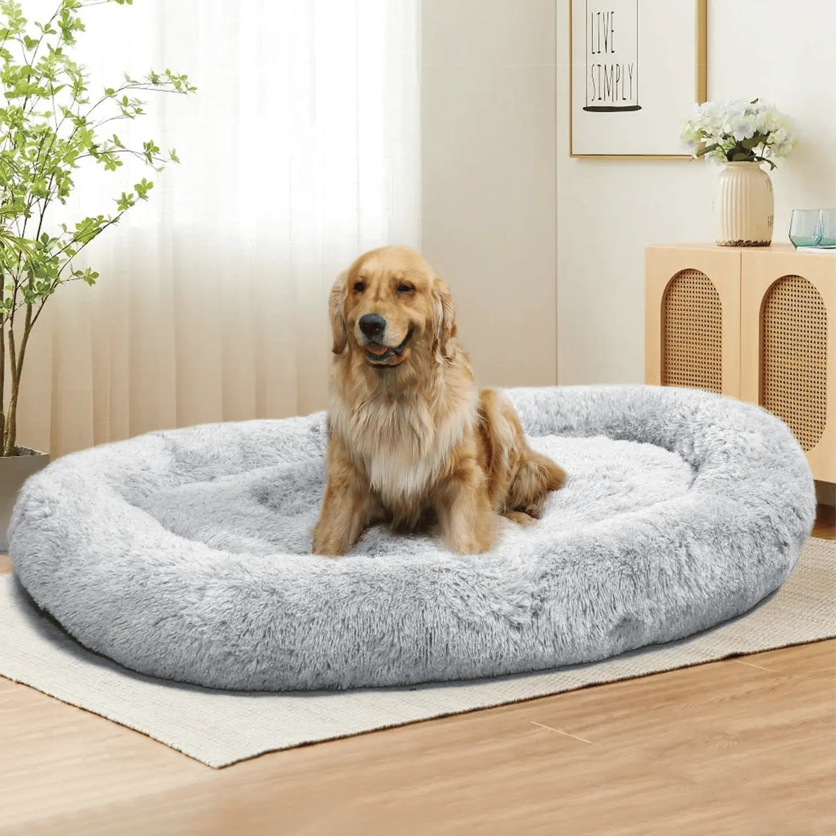 Light gray Noblias large plush dog bed with a deep sleeping surface and carry handles.