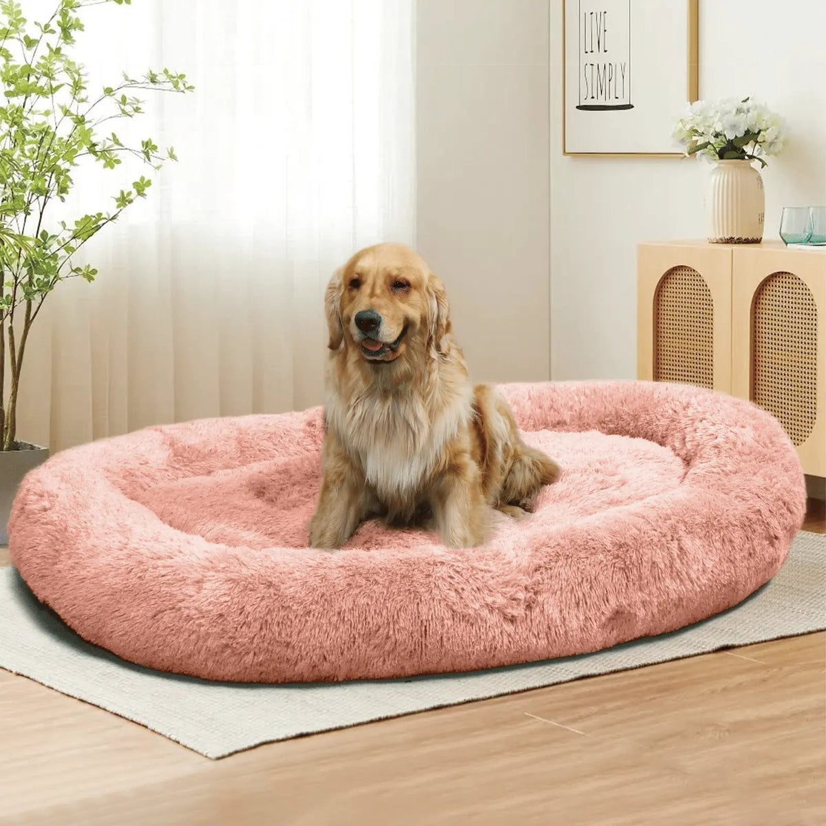 Noblias large plush dog bed shown from above with its deep oval sleeping surface.