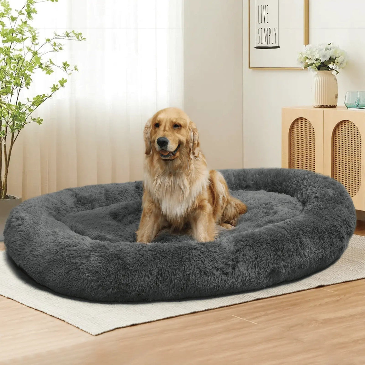 Dark gray Noblias large plush dog bed with a dog sitting in it.