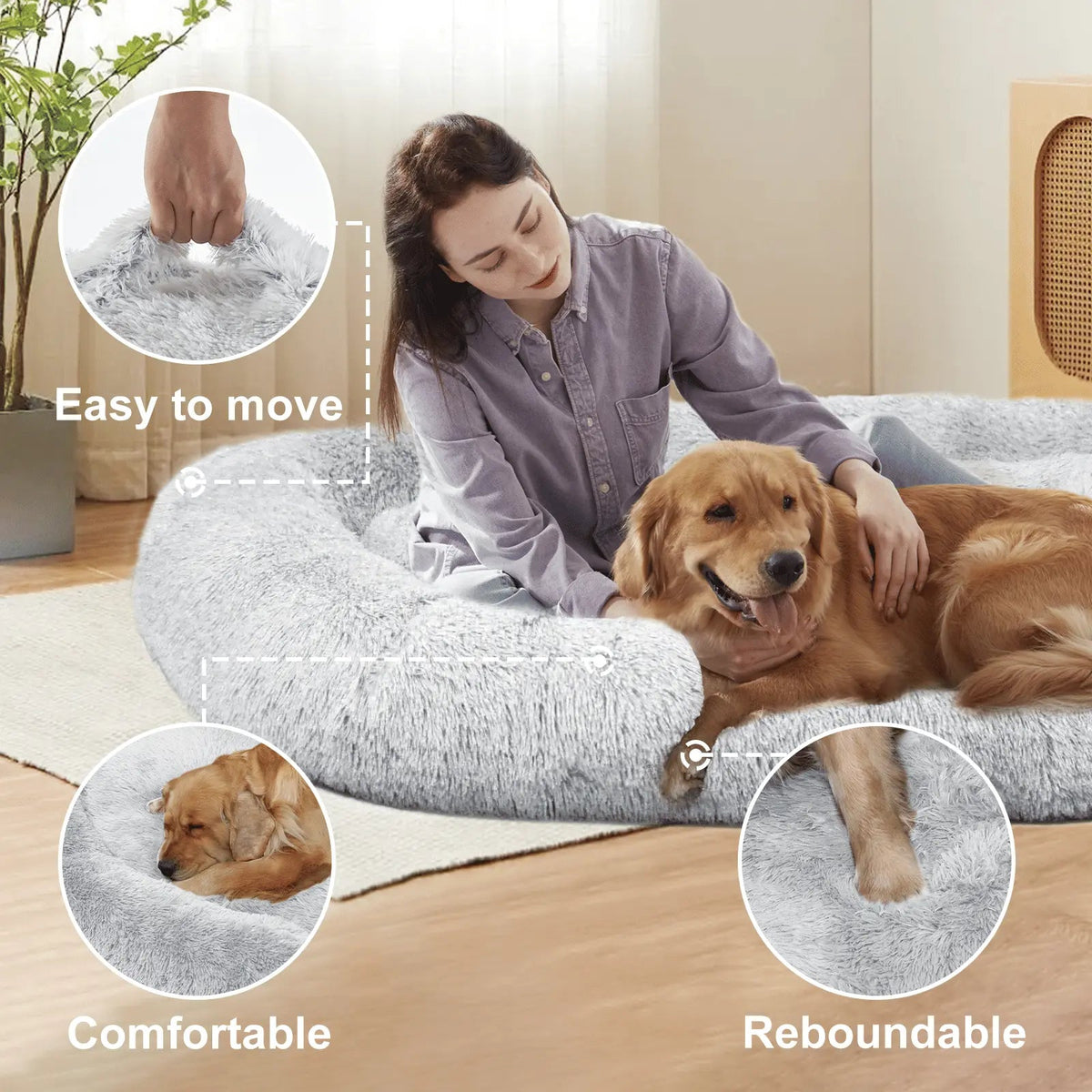 Woman lying in the Noblias large plush dog bed with a Golden Retriever, with easy to move, comfortable and reboundable callouts.