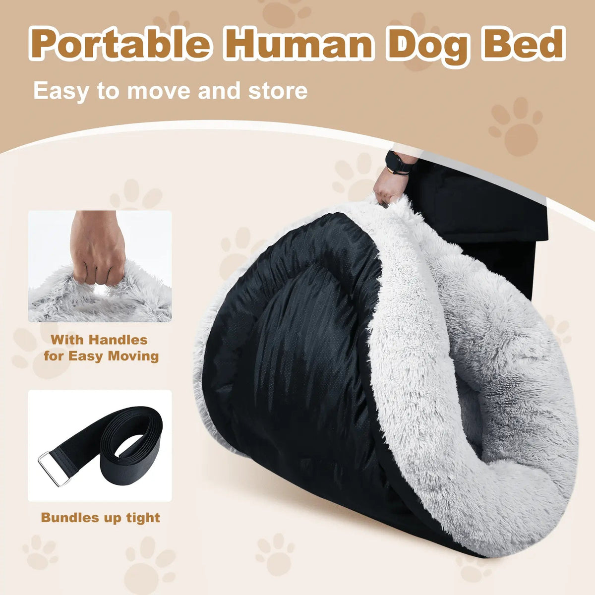 The Noblias large plush dog bed rolled and bundled with its strap, showing the built in carry handles for easy moving.