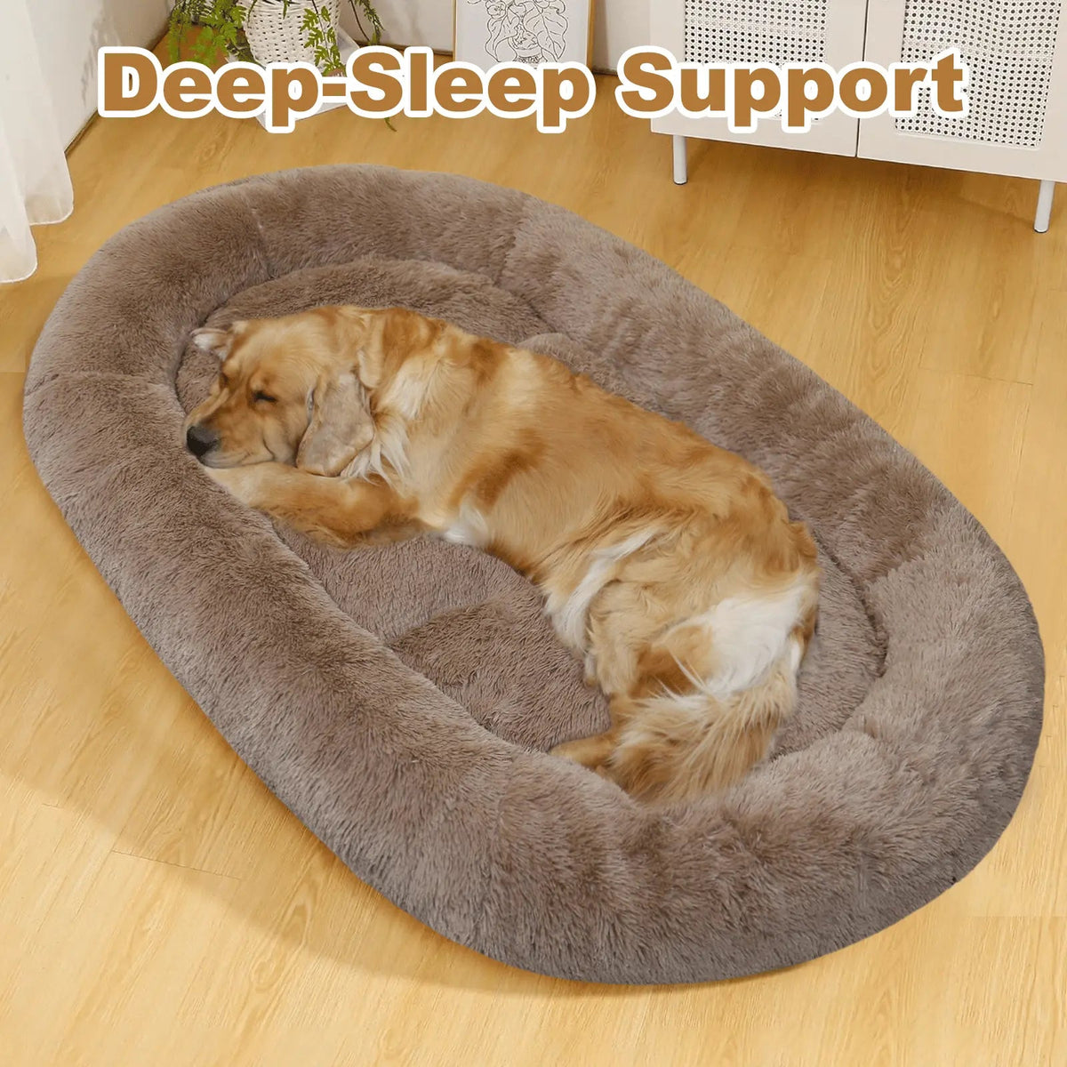 Khaki Noblias large plush dog bed with a dog asleep inside the raised rim.