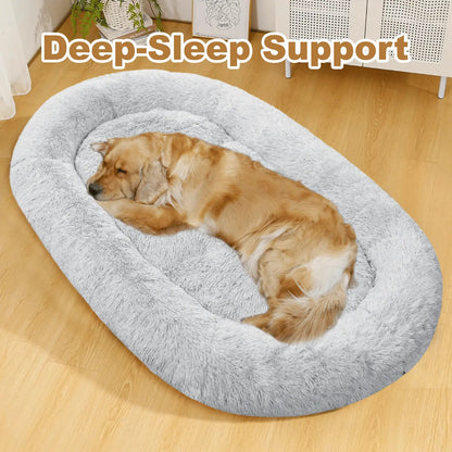 Light gray Noblias large plush dog bed with a dog asleep inside the raised rim.