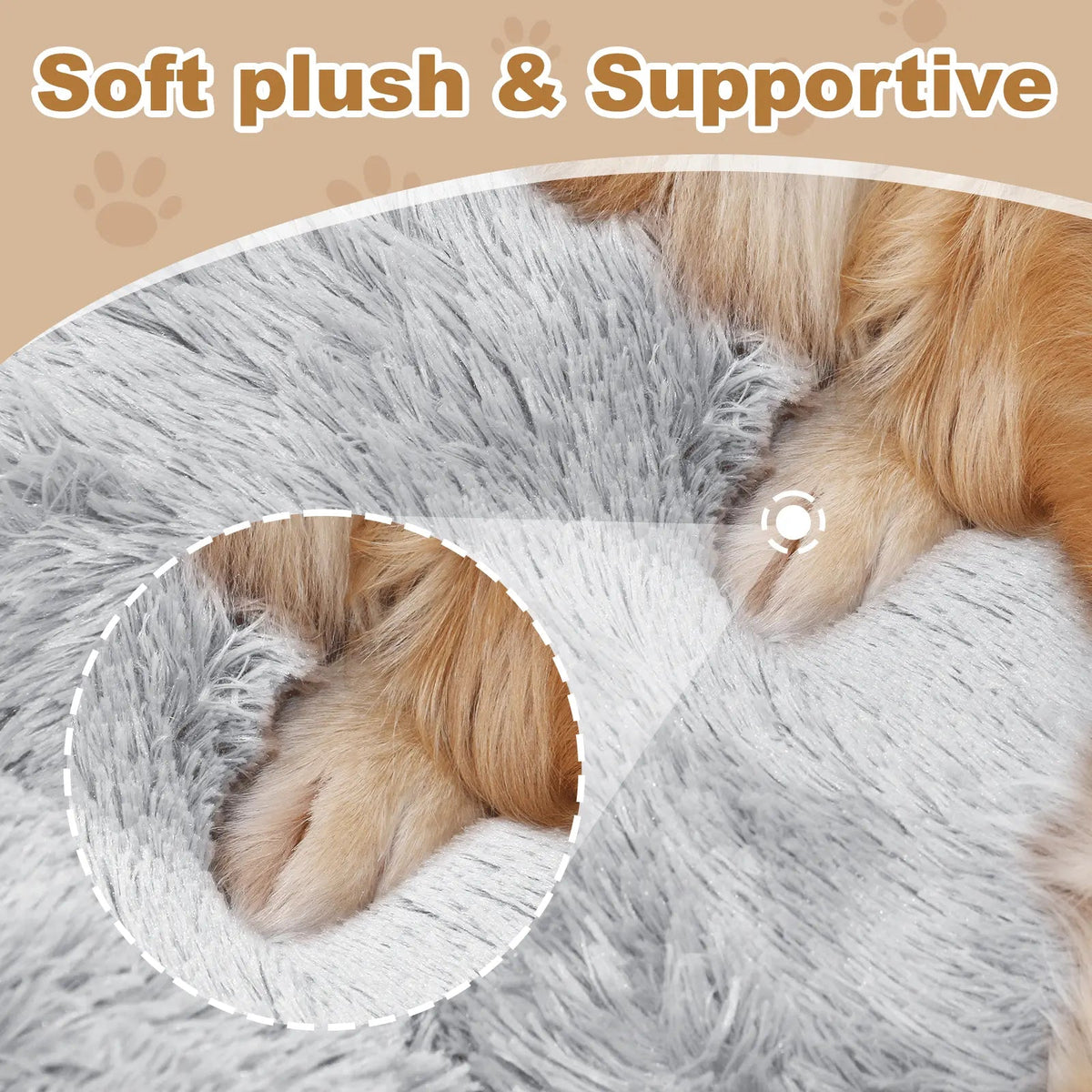 Close up of a dog paw sinking into the long pile plush surface of the Noblias large dog bed.