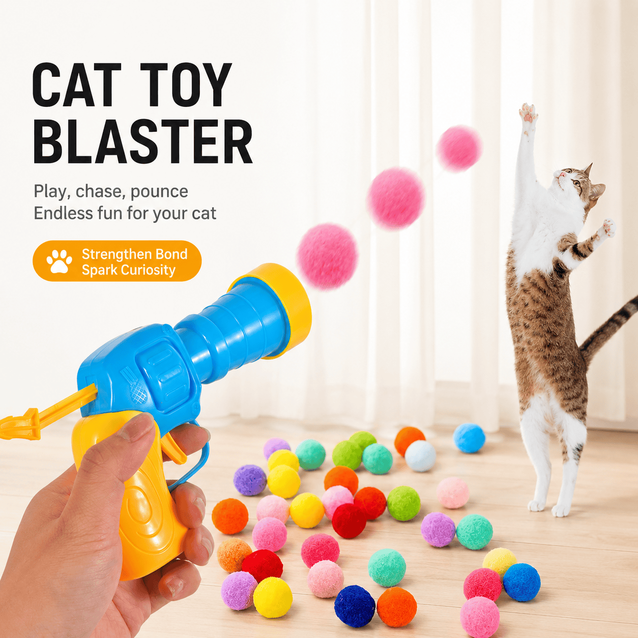 Noblias interactive cat fetch toy with launcher gun and plush balls, designed to entertain cats and encourage active play.