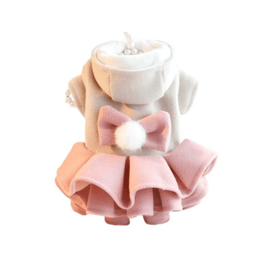 Layered dog dress with a gray hooded top, a pink ruffle skirt and a pink bow with a white pom-pom