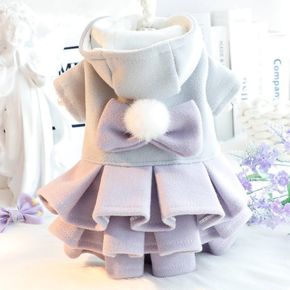 Purple layered dog dress with a hooded gray top and a matching bow