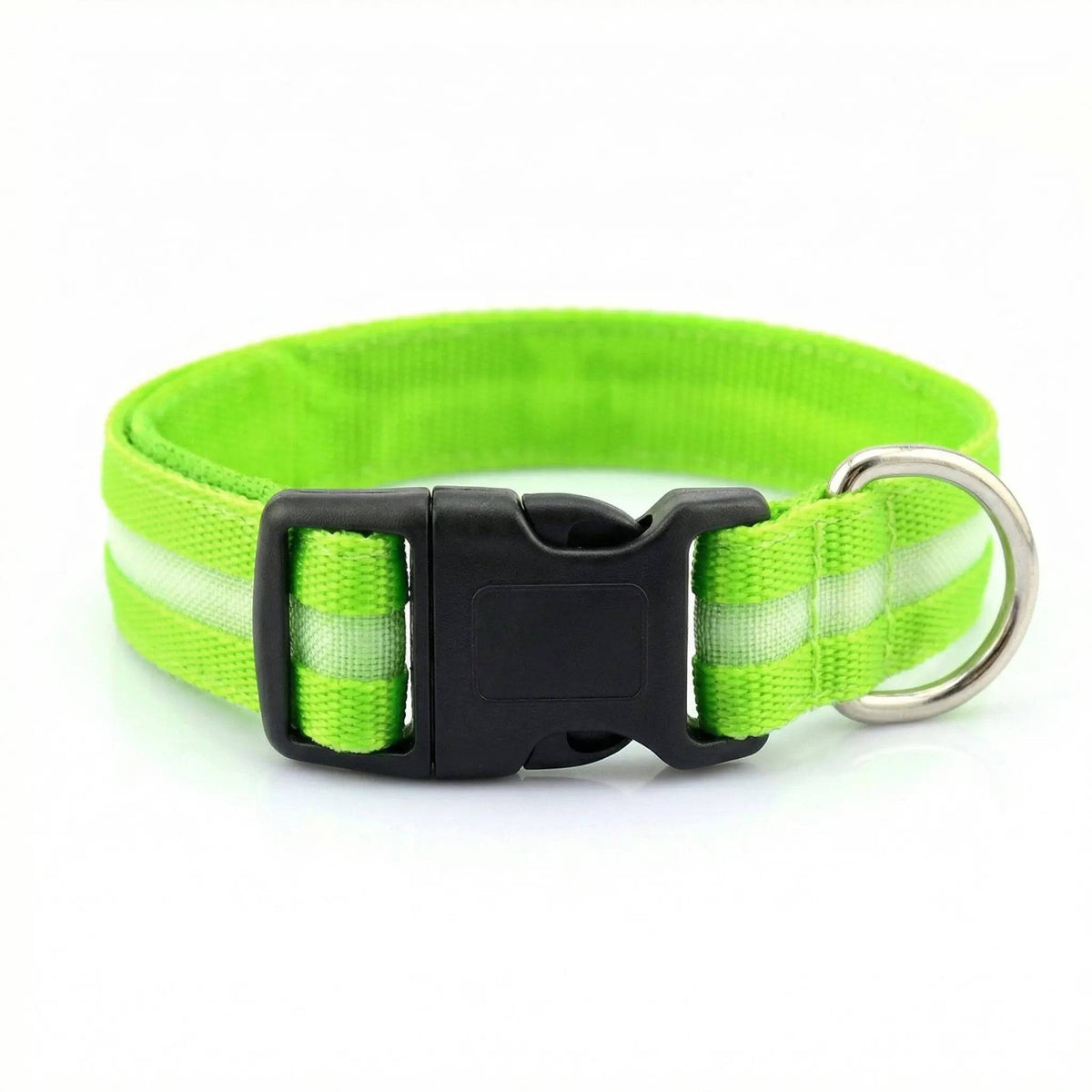 Green Noblias LED dog collar glowing in the dark.