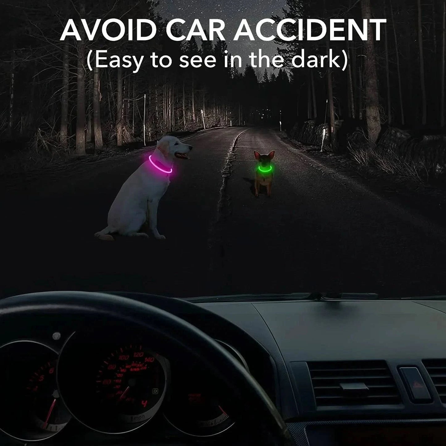 Noblias rechargeable LED dog collar with adjustable strap and bright illumination, enhancing visibility during nighttime walks.