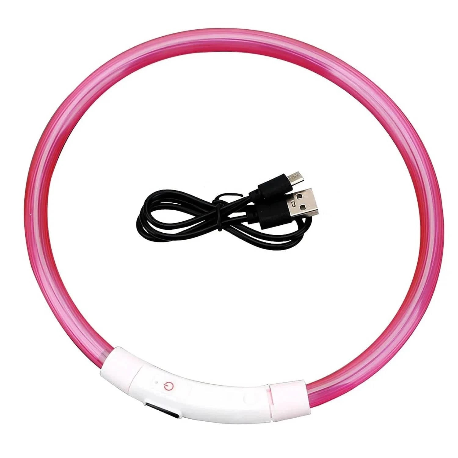 Red rechargeable LED dog collar by Noblias, featuring bright illumination and adjustable fit for visibility and safety during walks.