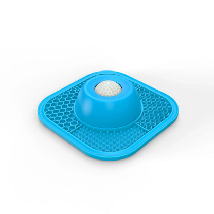Blue Noblias lick mat slow feeder dog bowl with the rolling ball on top of the dome.