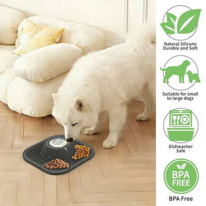 Samoyed licking the Noblias slow feeder lick bowl on a hardwood floor, with natural silicone, dishwasher safe and BPA free callouts.
