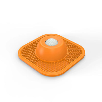 Orange Noblias lick mat slow feeder dog bowl with the rolling ball on top of the dome.