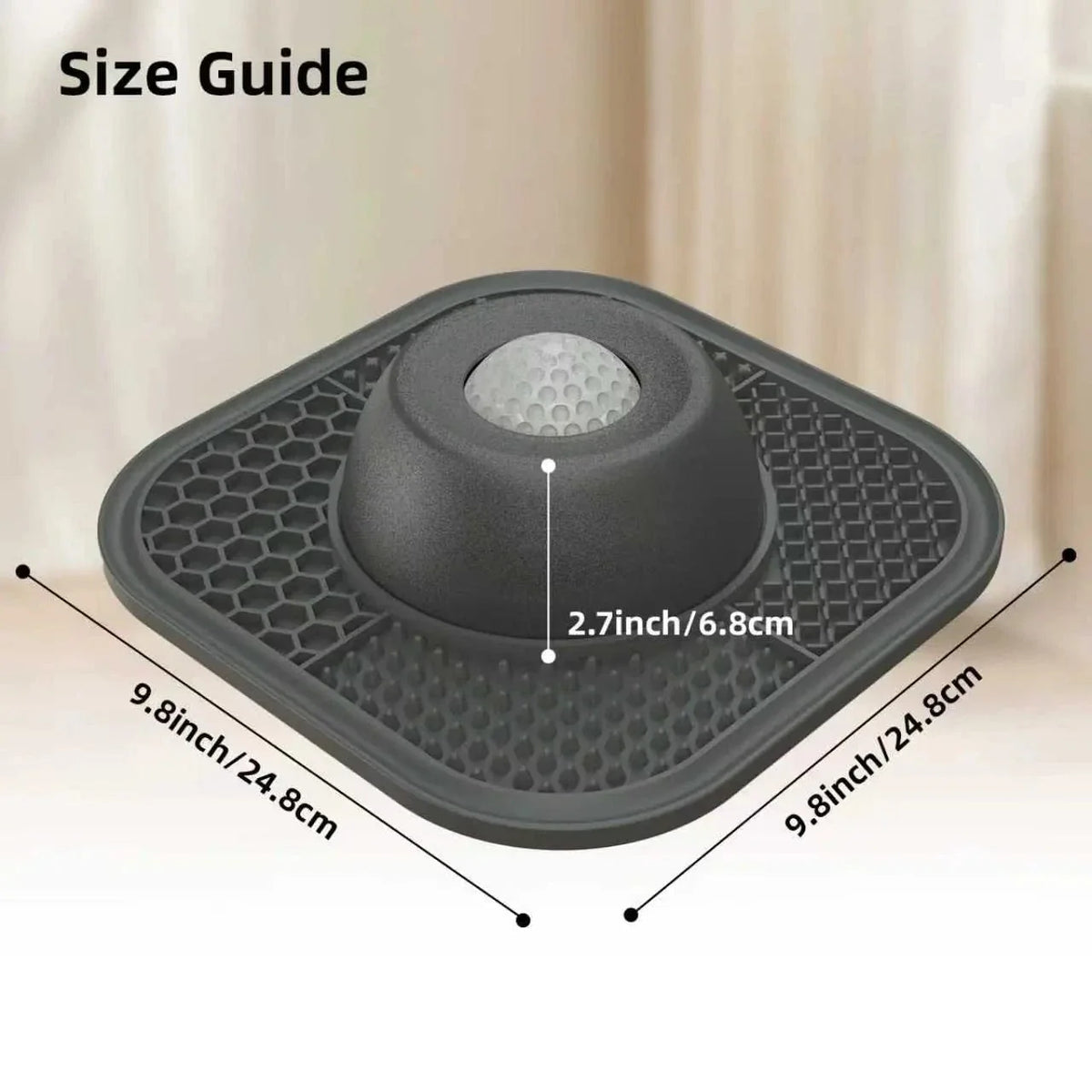 Size guide for the Noblias lick mat slow feeder dog bowl showing the 9.8 inch square mat and the 2.7 inch dome height.