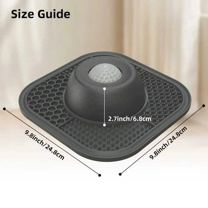Size guide for the Noblias lick mat slow feeder dog bowl showing the 9.8 inch square mat and the 2.7 inch dome height.
