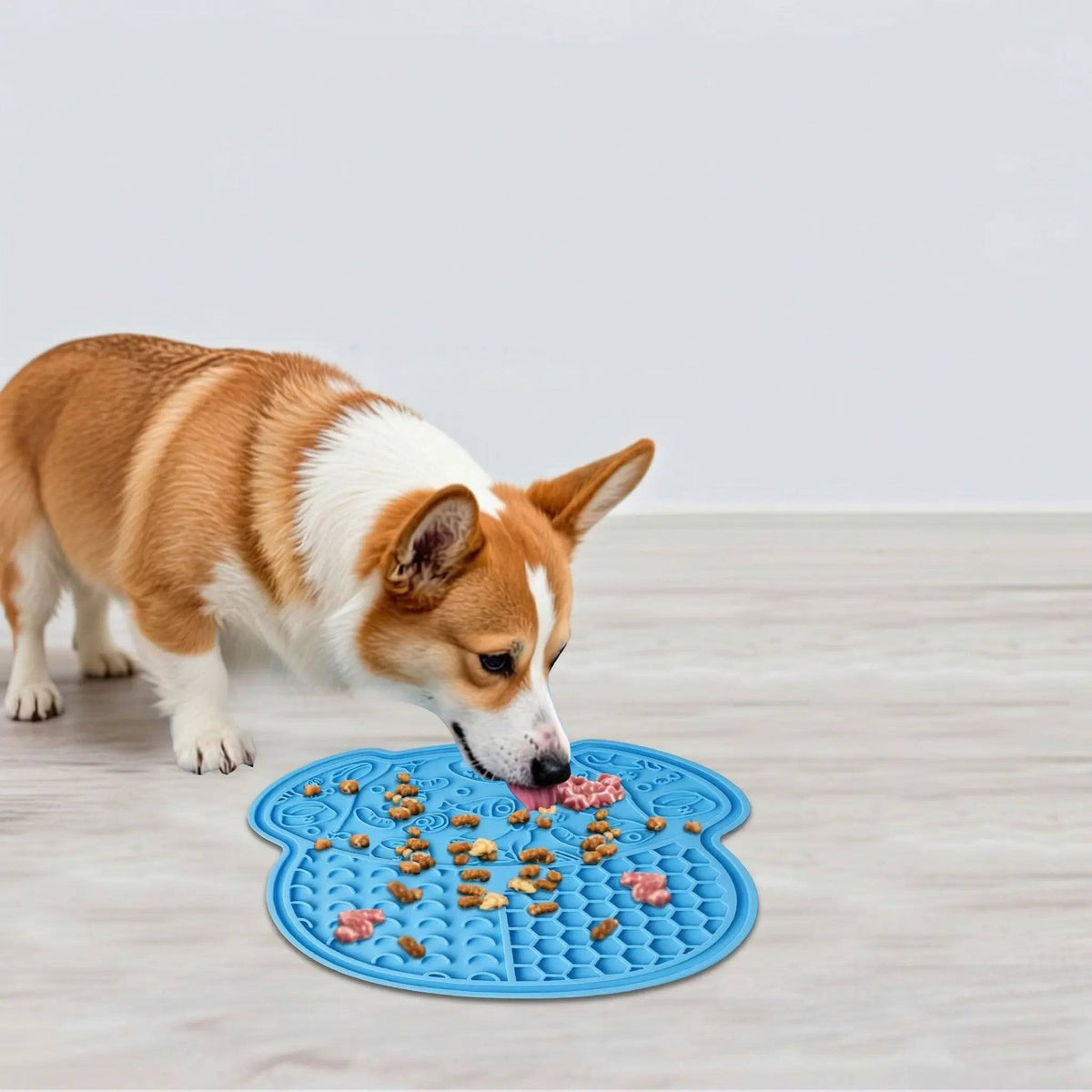 Corgi licking treats off the blue dog-head-shaped lick mat on a wood floor.