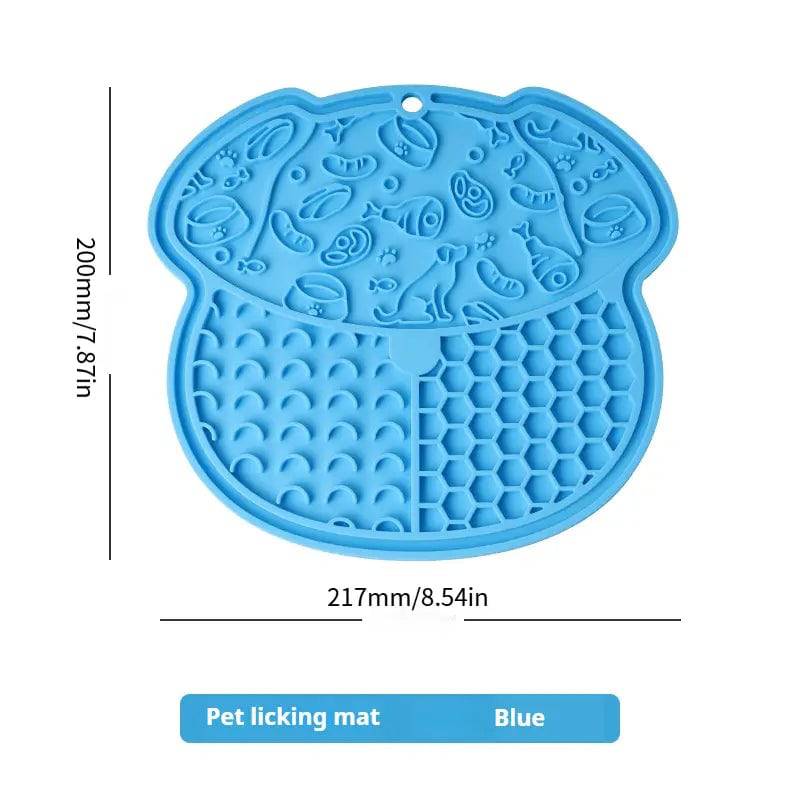 Blue lick mat with dimensions marked 217 mm or 8.54 in wide and 200 mm or 7.87 in tall.