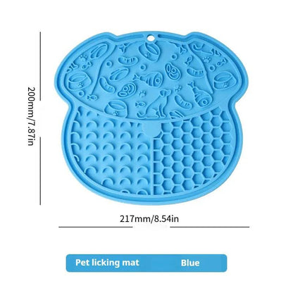 Blue lick mat with dimensions marked 217 mm or 8.54 in wide and 200 mm or 7.87 in tall.