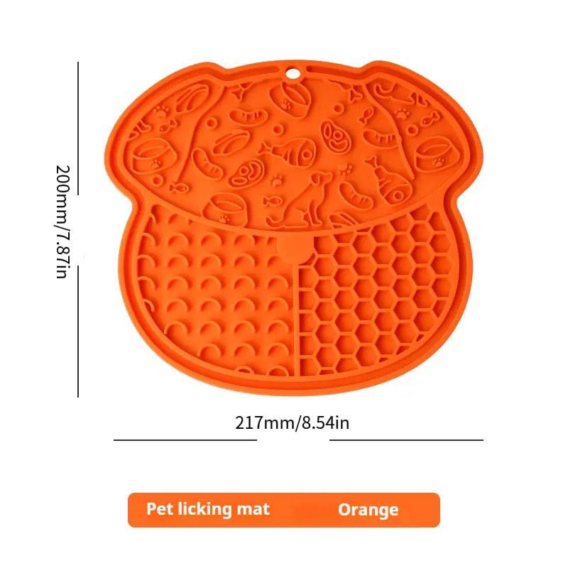 Orange lick mat with dimensions marked 217 mm or 8.54 in wide and 200 mm or 7.87 in tall.