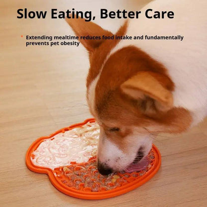 Jack russell licking wet food from the orange lick mat, headed Slow Eating, Better Care.