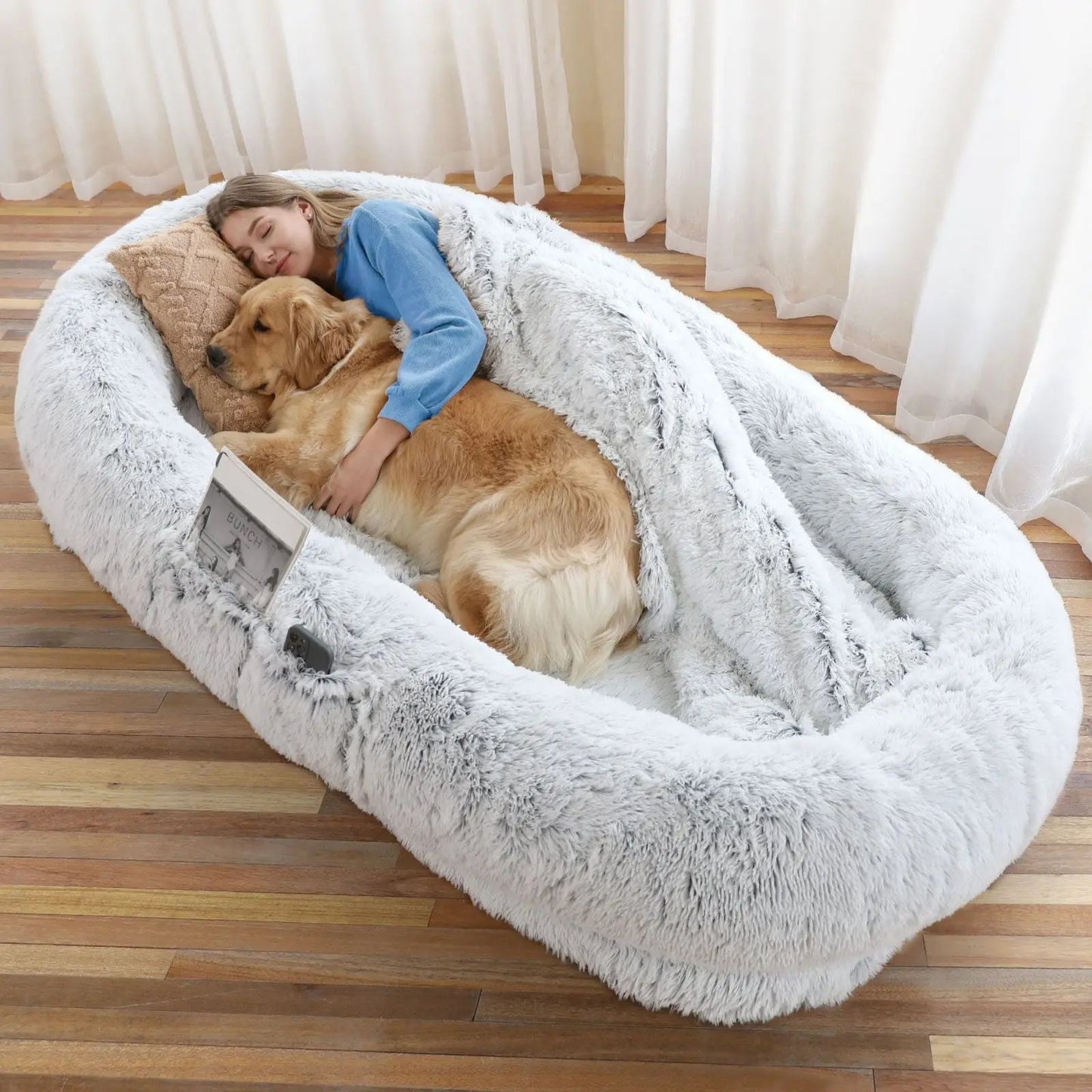 Large light gray orthopedic human dog bed by Noblias, cozy lounger for relaxing and comfort.