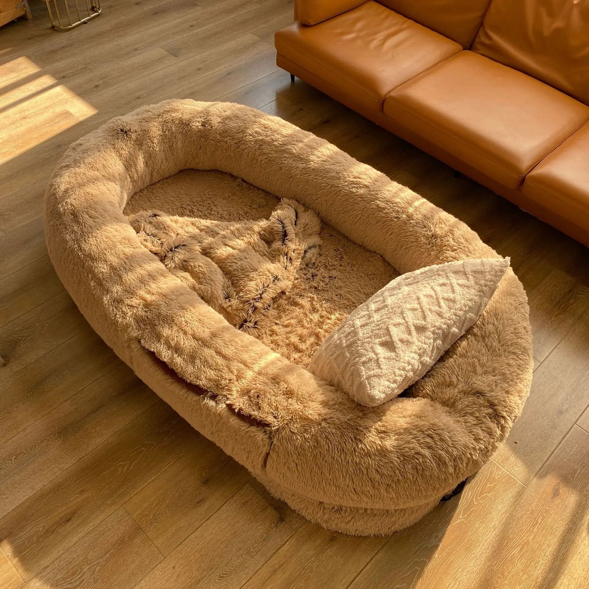 Large light gray Noblias orthopedic human dog bed with plush cushioning and cozy lounger design for relaxing comfort.